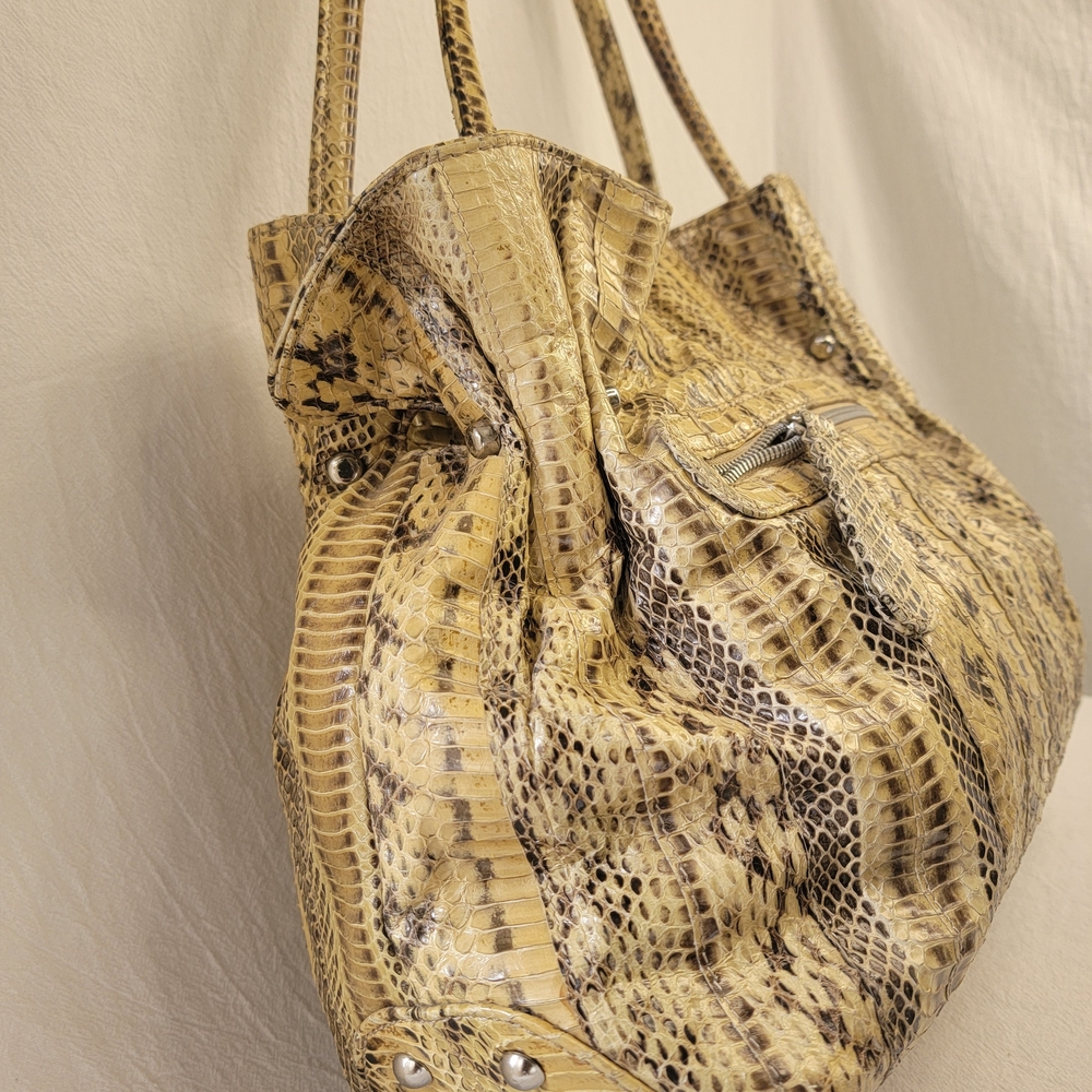VNTG Y2K Pure 100% Genuine Leather Python Print  Silver Toned Hardware Hand Bag - Picture 9 of 13